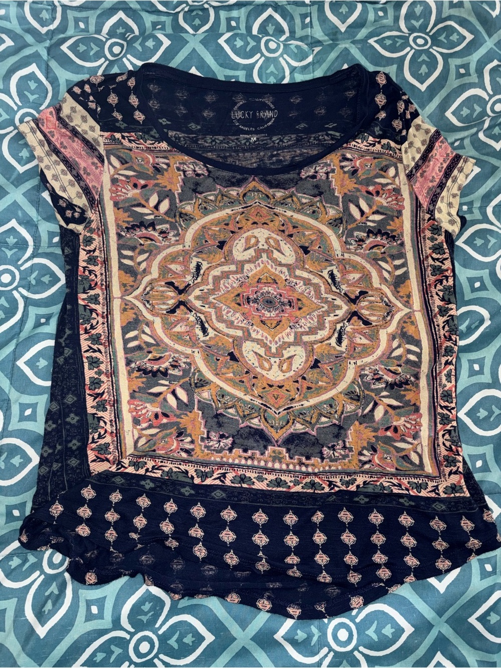 Lucky Brand Navy Medallion Print Short Sleeve Tee